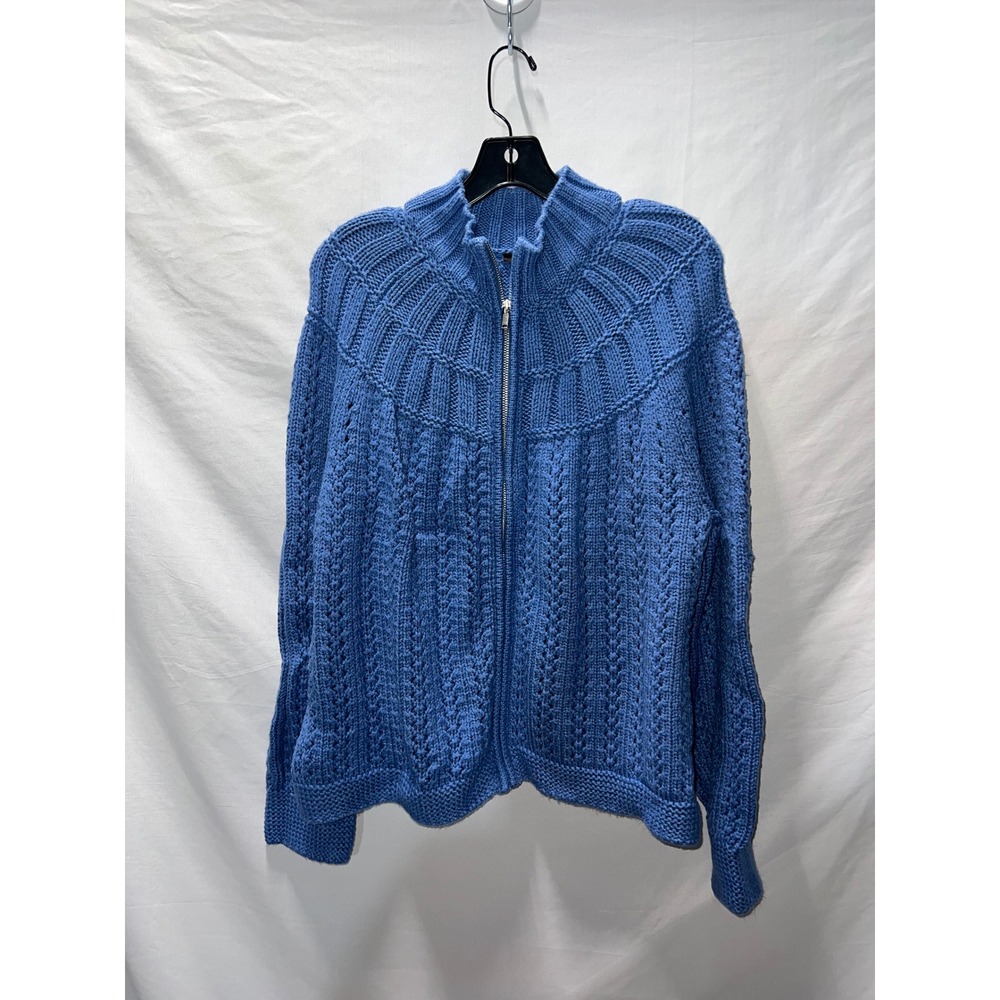 Talbots Womens XL Blue Thick Chunky knit Sweater Zip up Gold zipper